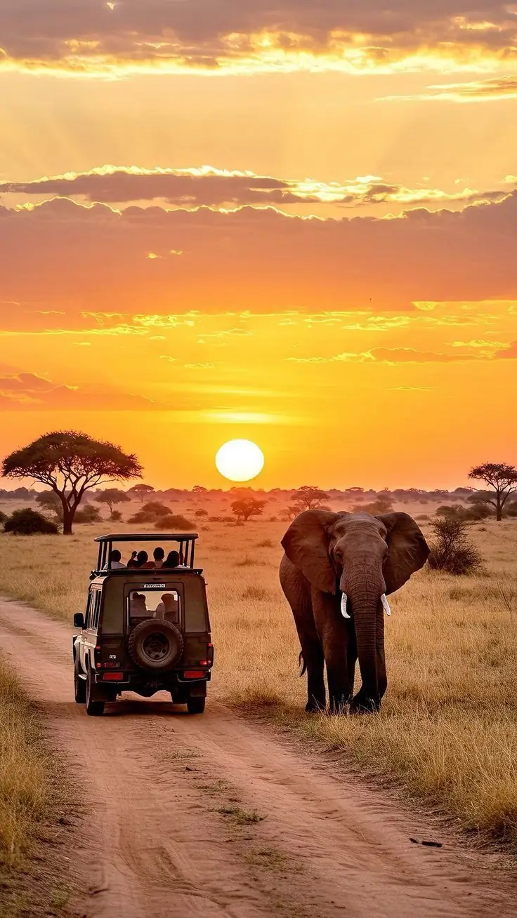 Safarijeep en olifant op de savanne bij zonsondergang