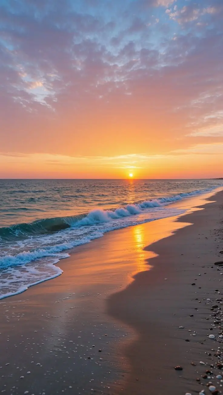 Strand met golven bij zonsondergang